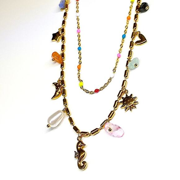 NEW Gold Sea Glass & Enamel Charm Double Strand Necklace - Picture 6 of 10